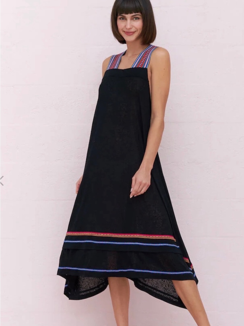 Pitusa St.Tropez Black Midi Swim Coverup with Multicolor Embroidered Straps